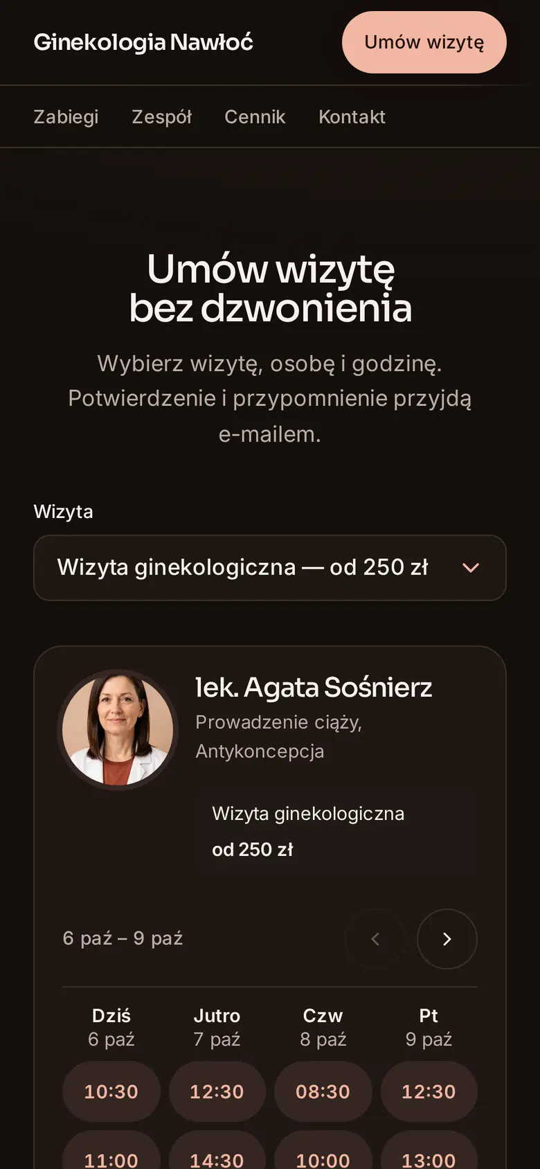 Rezerwacja online w przykładowej placówce Ginekologia Nawłoć na telefonie: zabieg, osoba i wolne godziny