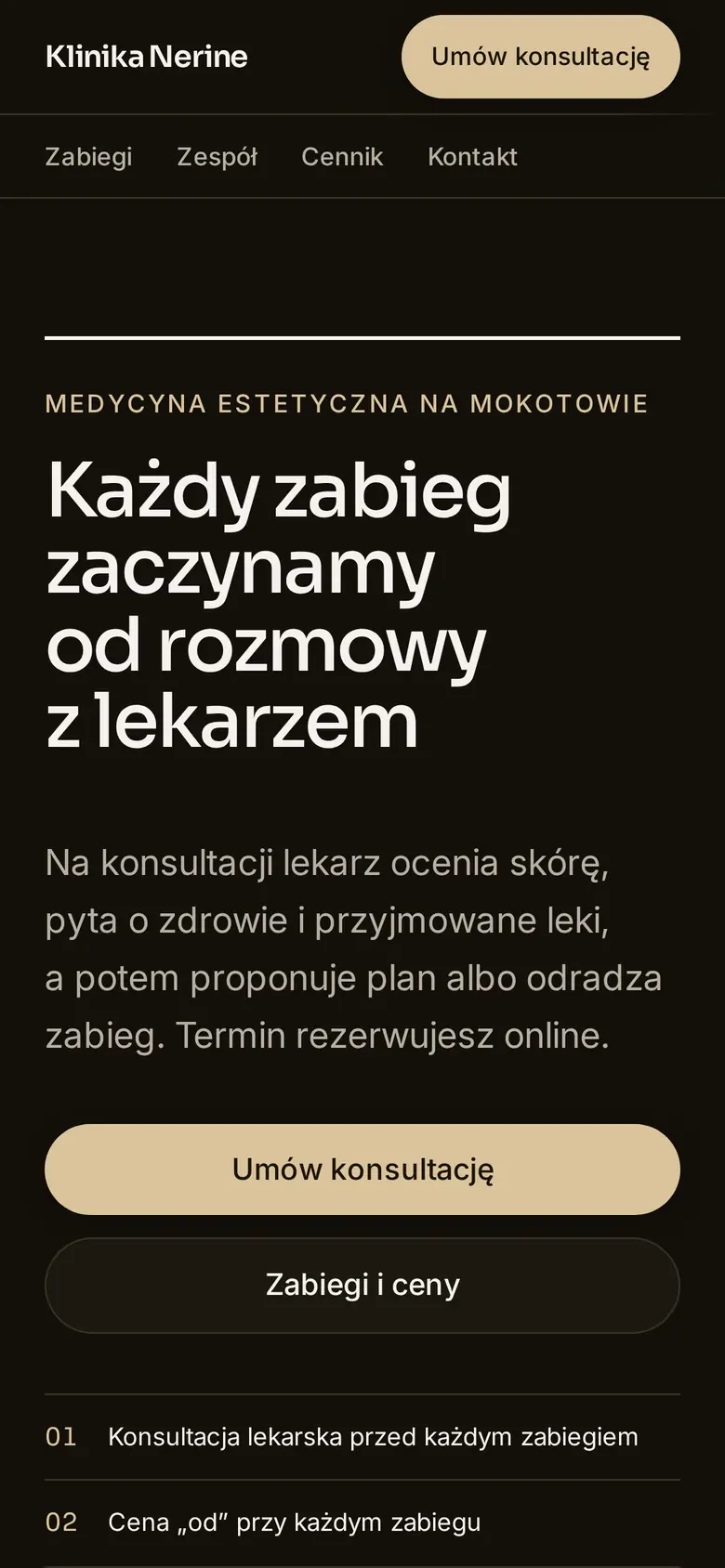 Strona główna przykładowej placówki Klinika Nerine na telefonie: nagłówek, przycisk rezerwacji i zdjęcie wnętrza