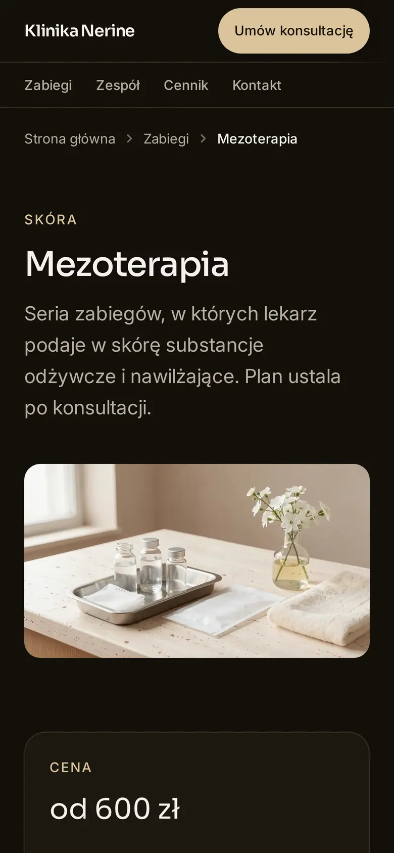 Strona zabiegu Mezoterapia w przykładowej placówce Klinika Nerine na telefonie: opis, cena „od”, czas trwania i przycisk rezerwacji