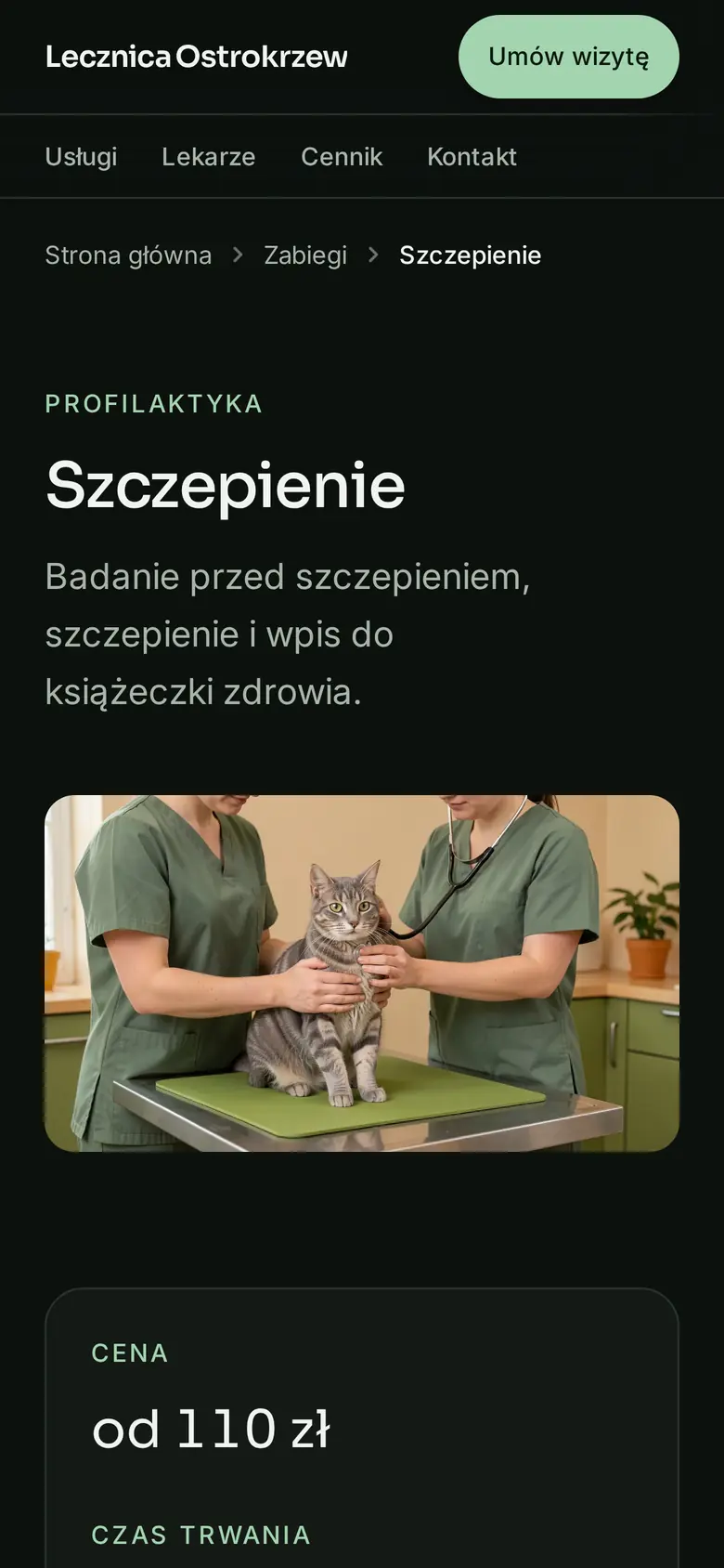 Strona zabiegu Szczepienie w przykładowej placówce Lecznica Ostrokrzew na telefonie: opis, cena „od”, czas trwania i przycisk rezerwacji