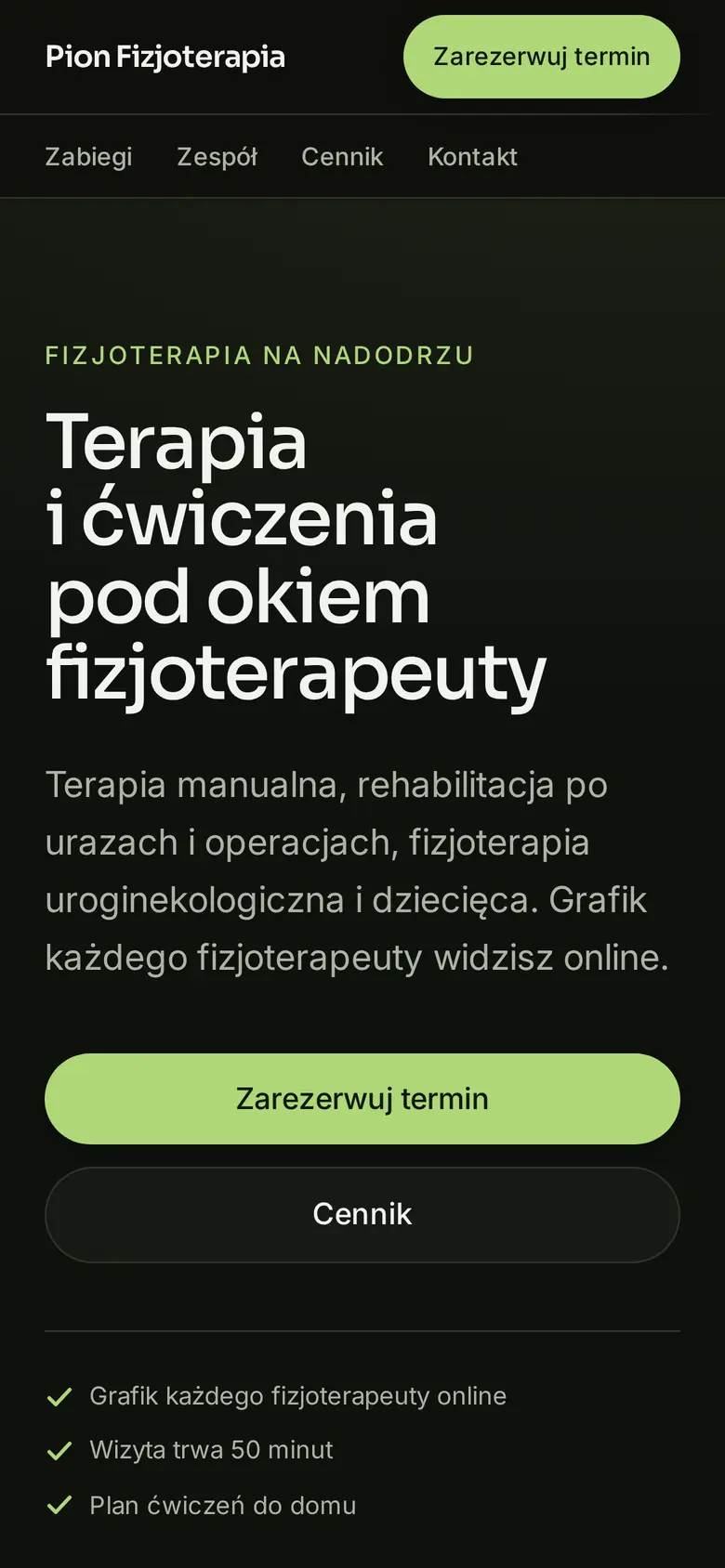 Strona główna przykładowej placówki Pion Fizjoterapia na telefonie: nagłówek, przycisk rezerwacji i zdjęcie wnętrza