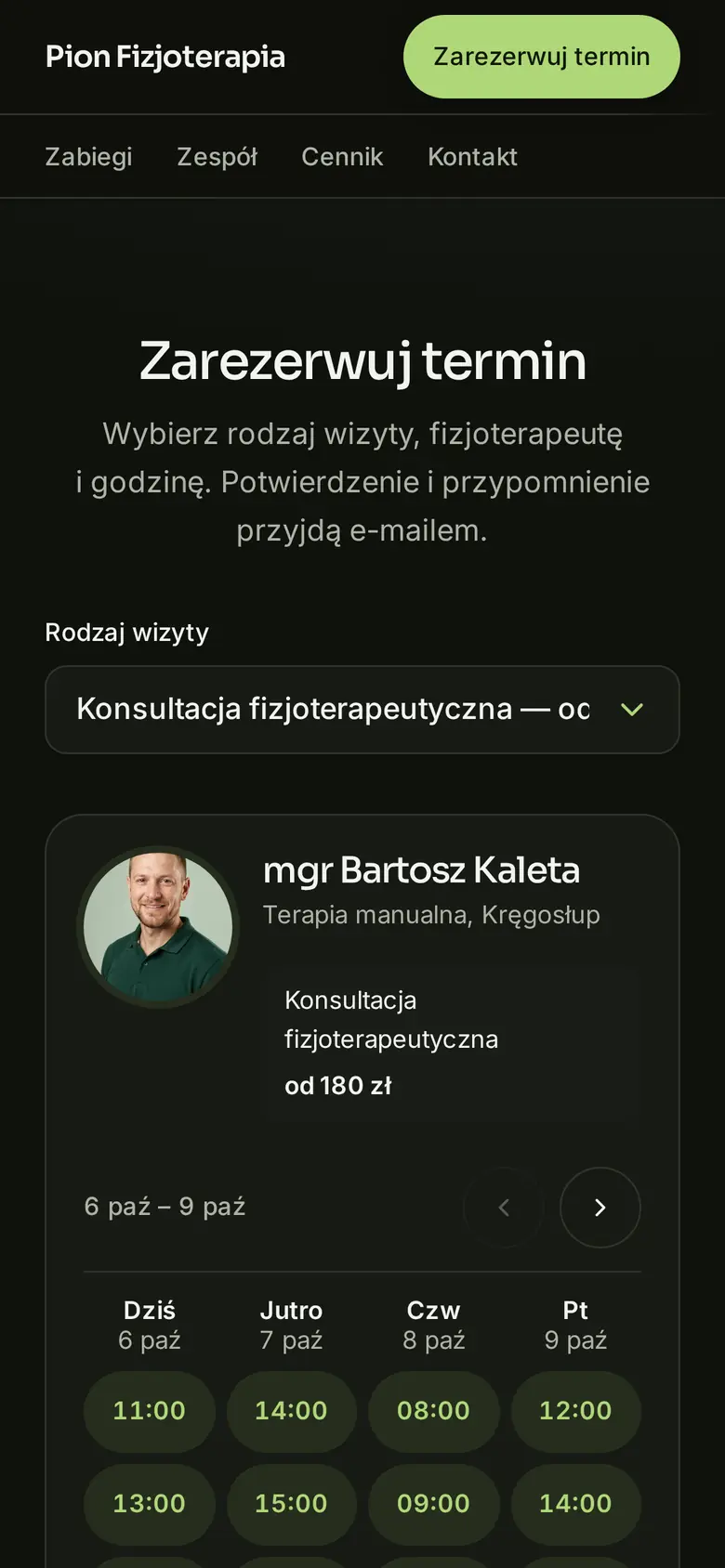Rezerwacja online w przykładowej placówce Pion Fizjoterapia na telefonie: zabieg, osoba i wolne godziny