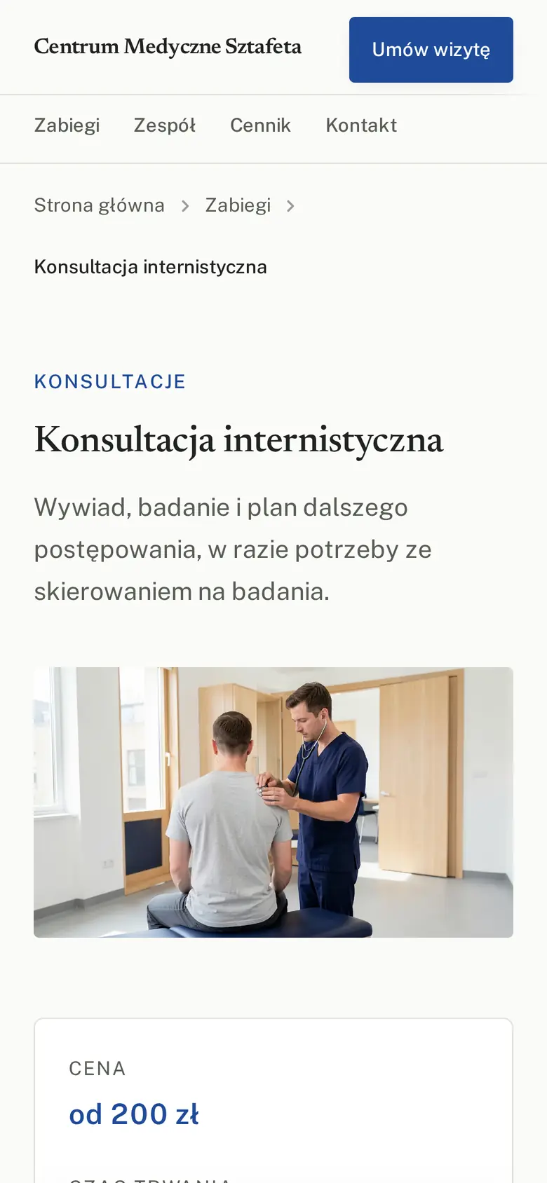 Strona zabiegu Konsultacja internistyczna w przykładowej placówce Centrum Medyczne Sztafeta na telefonie: opis, cena „od”, czas trwania i przycisk rezerwacji