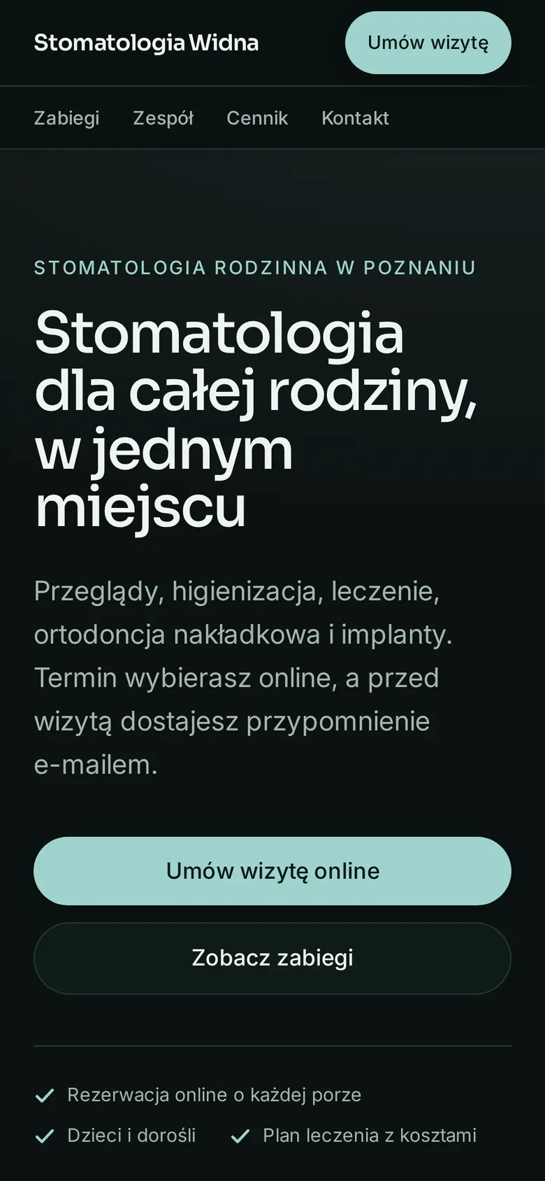 Strona główna przykładowej placówki Stomatologia Widna na telefonie: nagłówek, przycisk rezerwacji i zdjęcie wnętrza