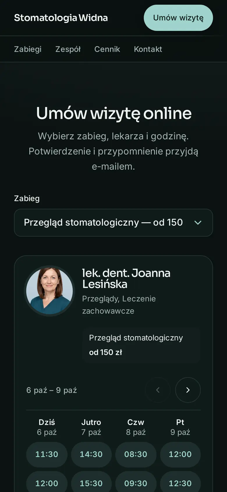 Rezerwacja online w przykładowej placówce Stomatologia Widna na telefonie: zabieg, osoba i wolne godziny