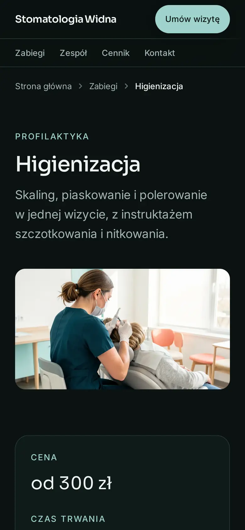 Strona zabiegu Higienizacja w przykładowej placówce Stomatologia Widna na telefonie: opis, cena „od”, czas trwania i przycisk rezerwacji