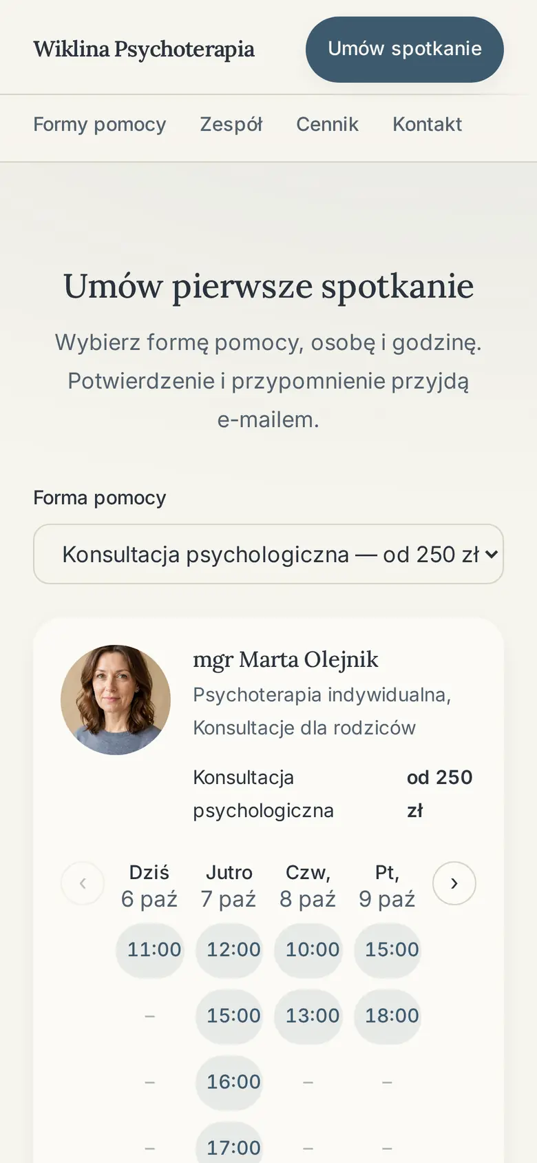 Rezerwacja online w przykładowej placówce Wiklina Psychoterapia na telefonie: zabieg, osoba i wolne godziny
